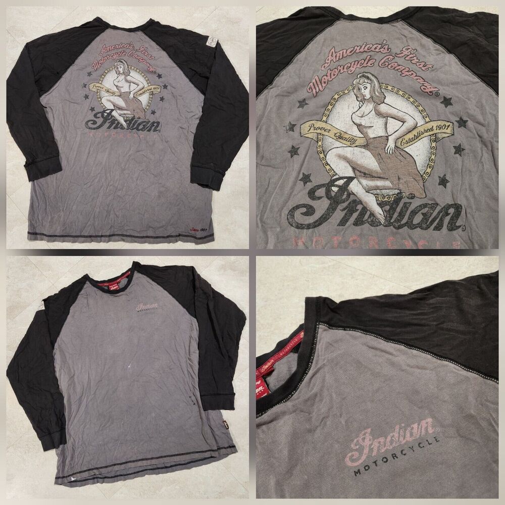 Indian Motorcycle Mens 3XL Hot Pin-Up Girl Distressed Raglan Biker Chick T Shirt
